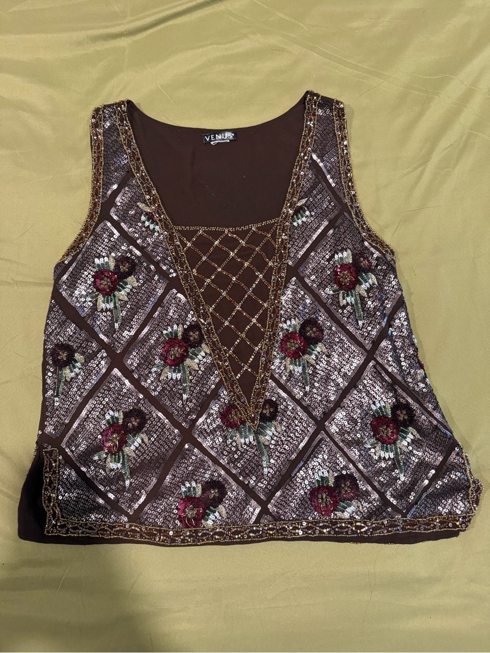 VENUS Brown Sequin Floral Embellished Tank Top